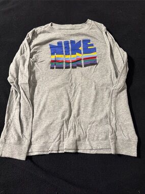 Nike Gray Long-Sleeve Tee with Multicolor Stripe Logo